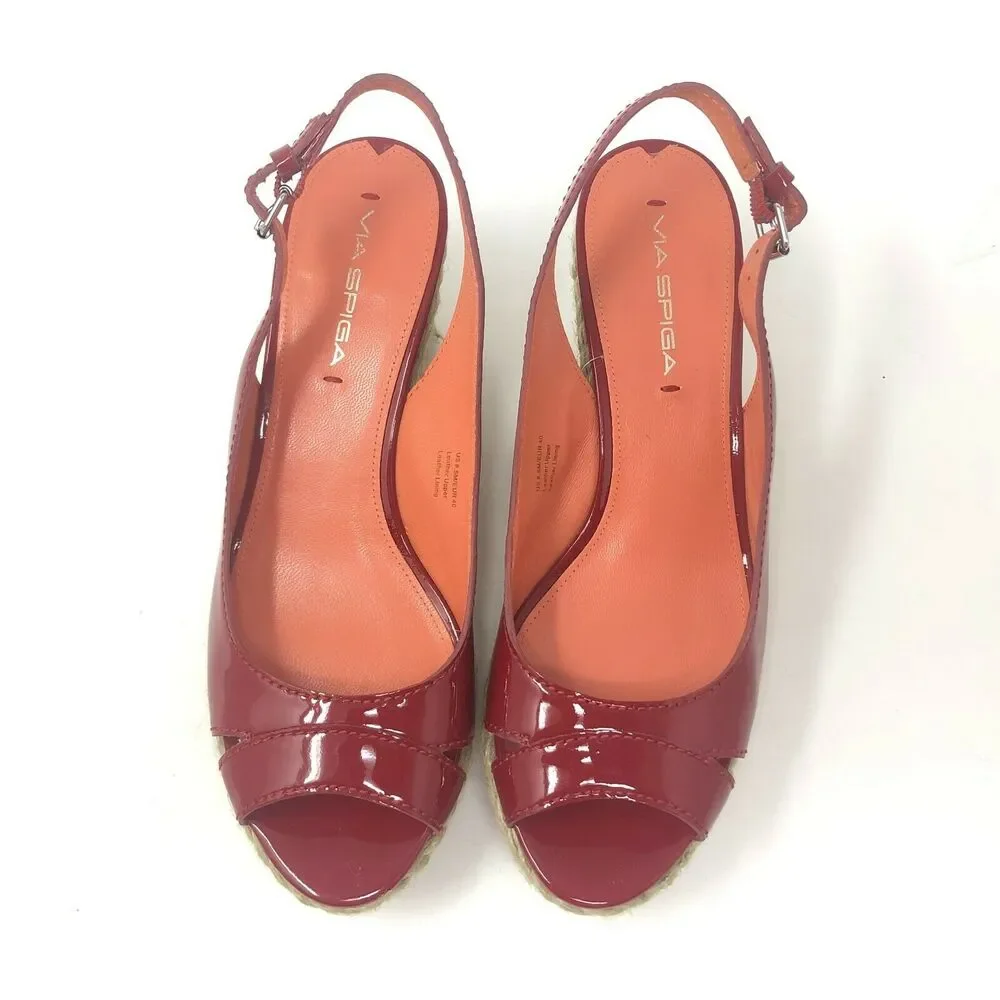 Via Spiga Shoes 8.5 Women's Espadrille Wedge Red Patent Platform‎ Slingback